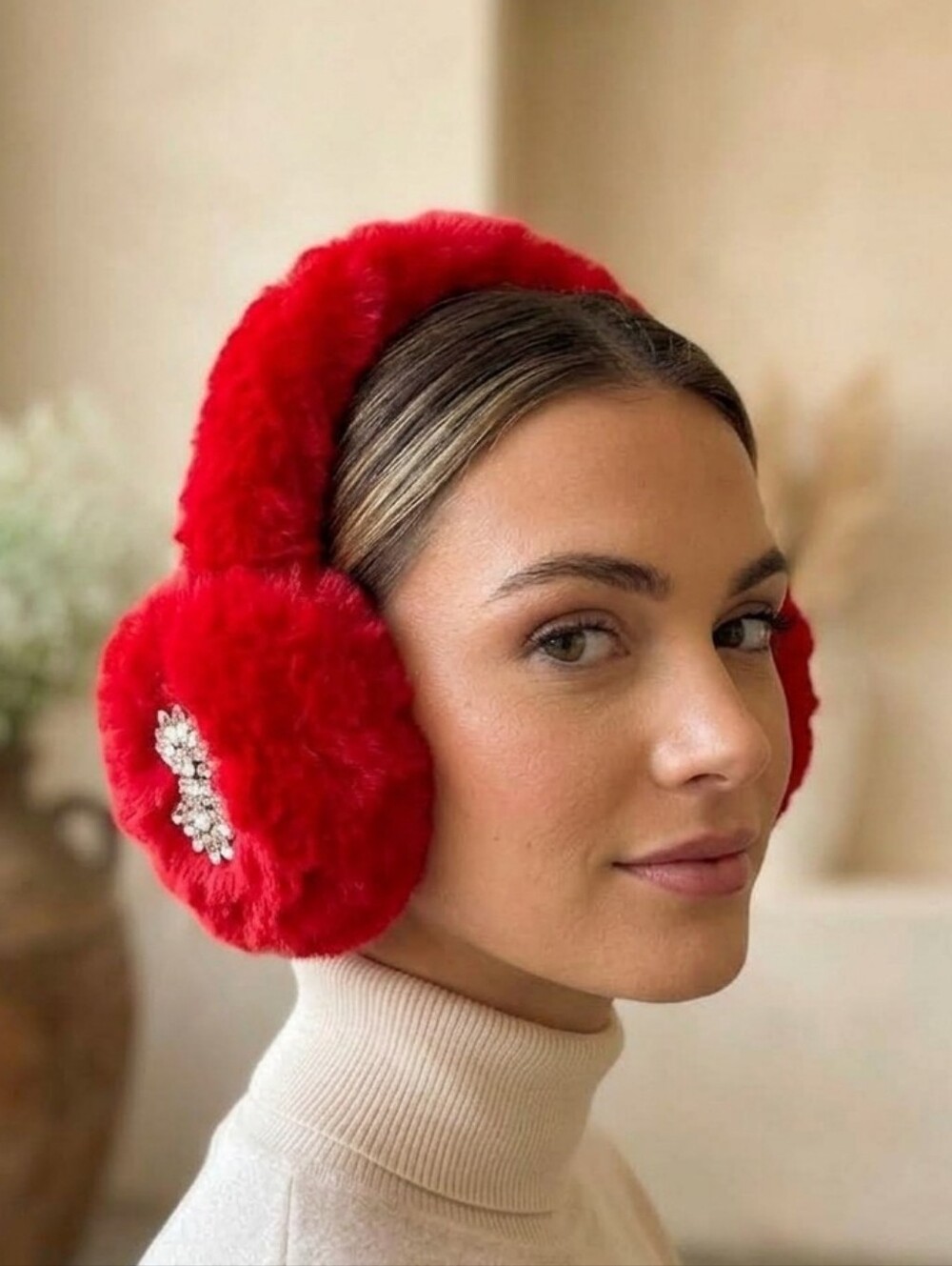 NEW Handmade Earmuffs Womens Red Faux Fur Crystal Rhinestone Embellishment
